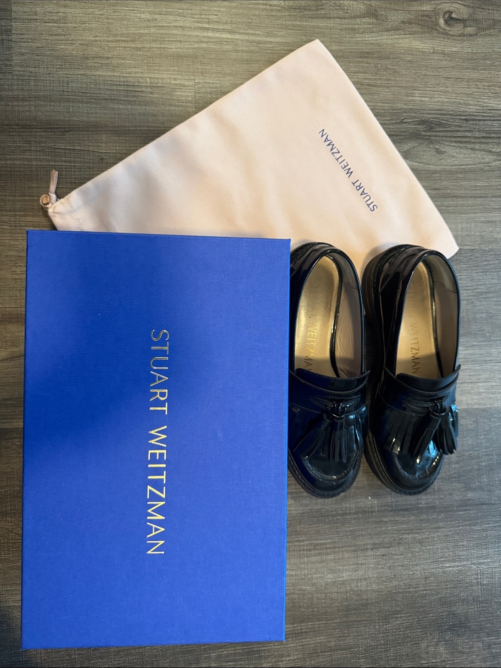 Stuart Weitzman Black Patent Tassel Loafers with Dust Bag
